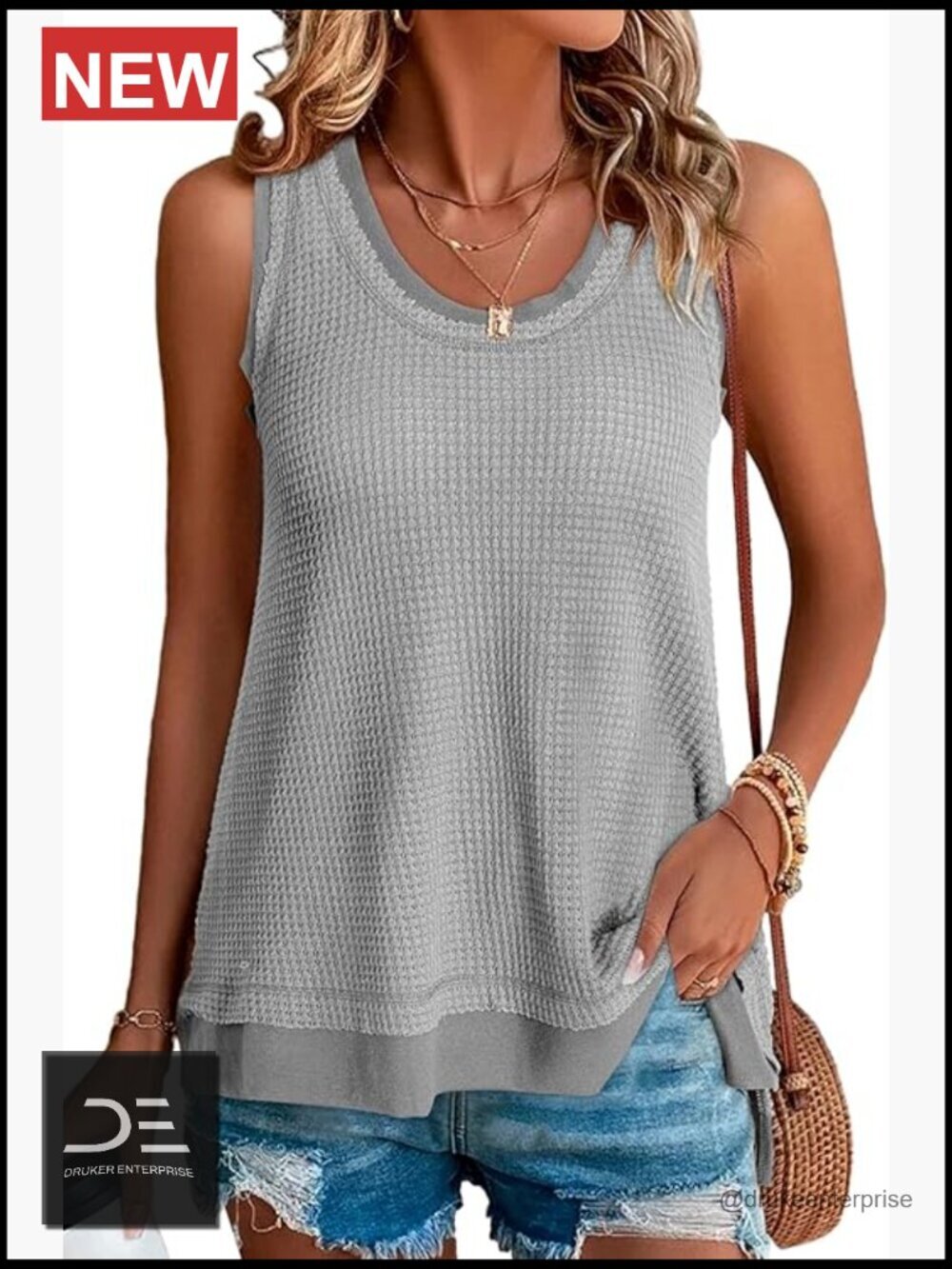 Waffle Knit Tank Top Scoop Neck Sleeveless Loose Tunic